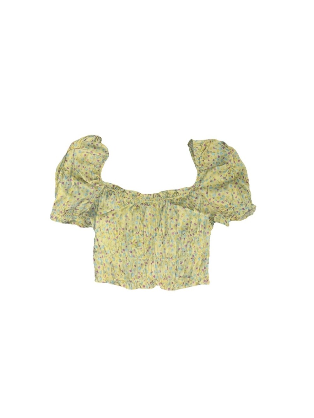 Zara Floral Puff Sleeve Cropped Blouse Square Neck Ruffle Yellow Multicolor S